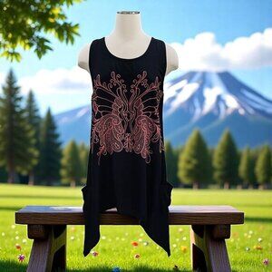 Hibis Lace Works Black Handkerchief Hem Top M‎ Boho Festival Embroidered Rayon